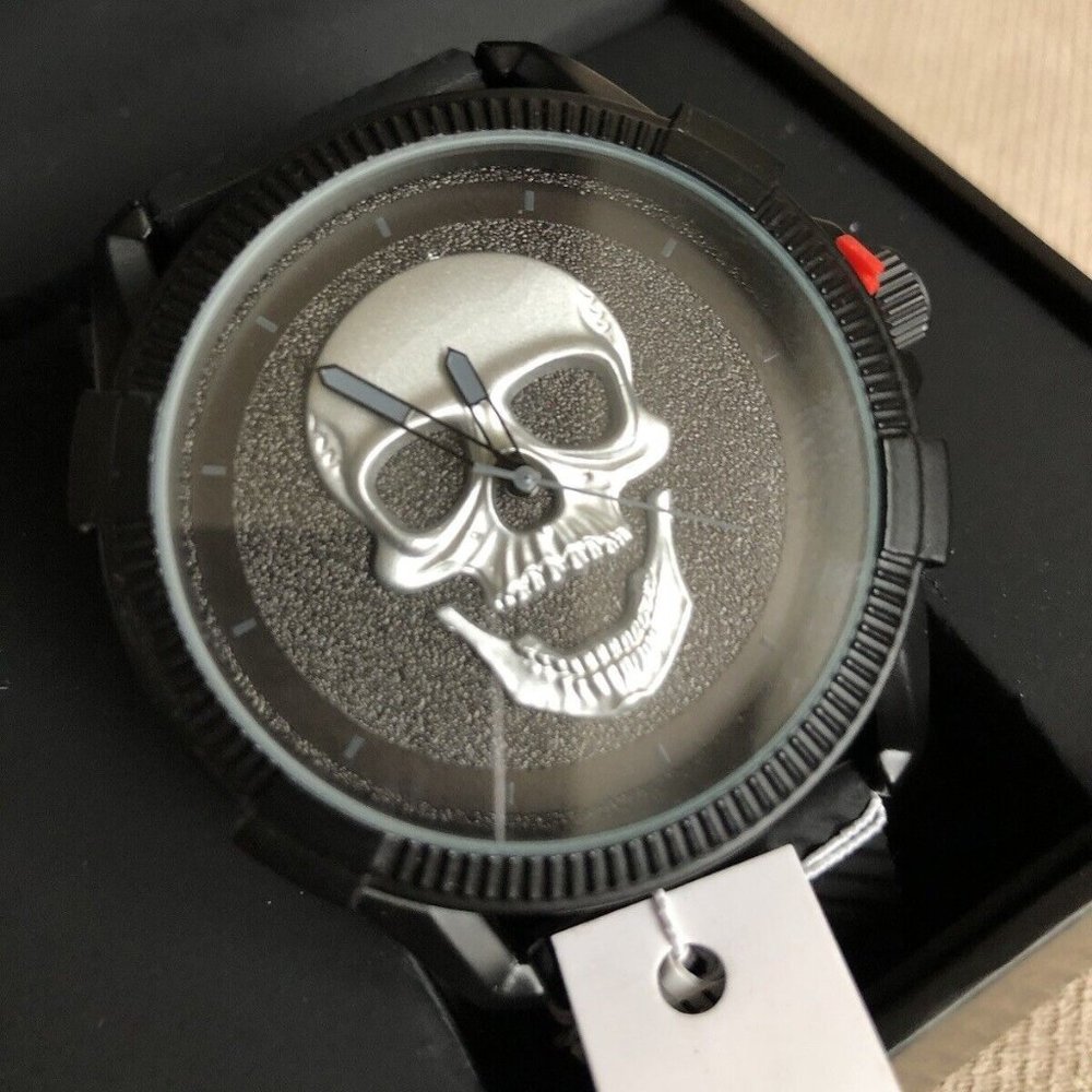 ED HARDY GOTH MATTE BLACK SILVER SKULL MEN'S SILICONE STRAP WATCH**NEW!